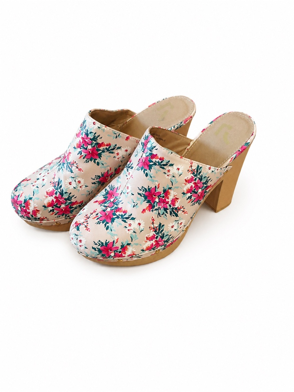 Report Cream Floral Block Heel Mules with Pink & Teal Accents